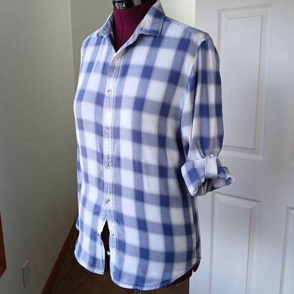 Calvin Klein Blue Checks Classic Fit Button up Shirt S repaired cotton roll tab - Picture 3 of 16